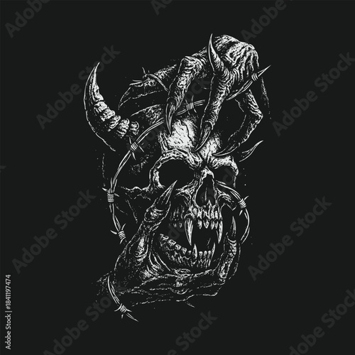 Demonic Skull With Claws and Barbed Wire Dark Art Illustration