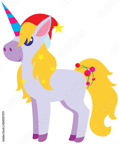 Whimsical unicorn celebrates the festive season with a bright red santa hat and berries