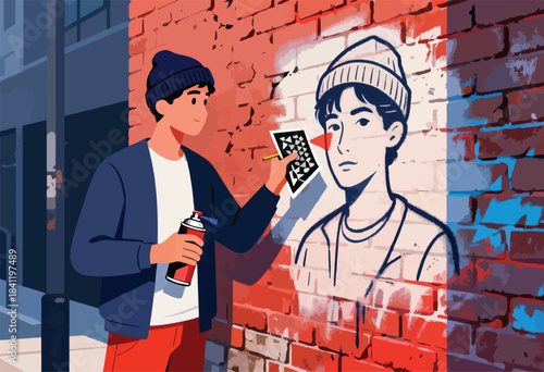 A person with a beanie, holding spray can and stencil, creating graffiti of a person on a brick wall
