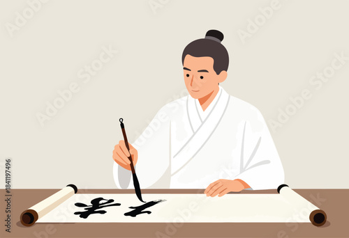 A man in white traditional robes is writing calligraphy on a scroll with a brush. Beige background