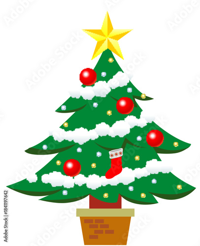 Festive green christmas tree with ornaments and bows