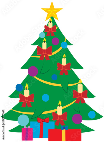 Festive green christmas tree with ornaments and bows