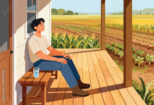 A person sits on a wooden porch, looking at a farm field. A glass of water sits on a bench