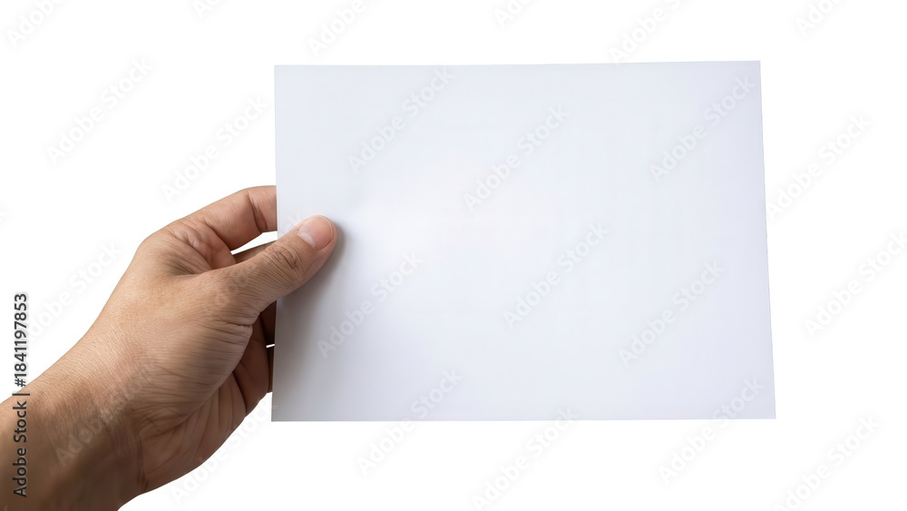Fototapeta premium Hand holding blank white horizontal paper sheet isolated on white background