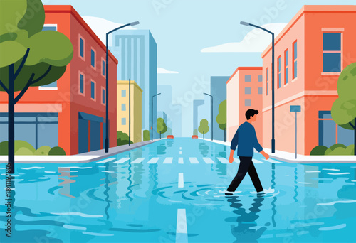 Illustration of a flooded city street, a person walks through the water. Buildings line the road