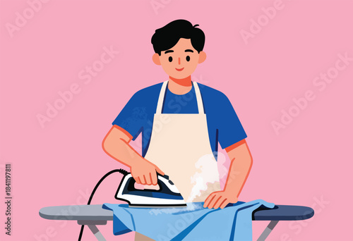 A cartoon man wearing an apron irons a blue shirt on a board against a pink backdrop