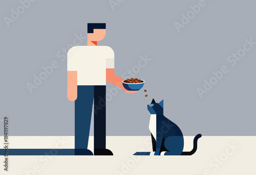 A geometric illustration depicts a person feeding a cat. The person holds a bowl with food as the cat sits