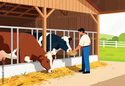 An illustration shows a farmer feeding two cows in a barn. Green landscape background with a white fence