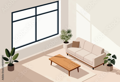 An isometric interior scene with a sofa, wooden coffee table, potted plants, and a large window casting shadows