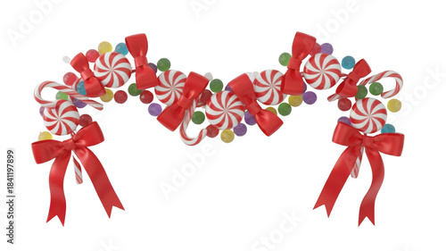 Christmas candy garland with red bows and peppermint candies isolated