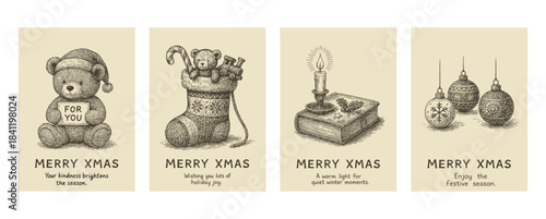 ペン画のクリスマスカード4点セット（くま・靴下・ろうそく・飾り）、Hand-drawn Christmas Card Set (Bear, Stocking, Candle, Ornaments)