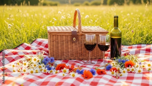 Fototapeta Naklejka Na Ścianę i Meble -  Summer picnic scene with wine and basket on checkered blanket in meadow