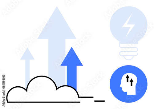 Cloud growth concept. Arrows, cloud, and ideas depict innovation and technology scaling. Cloud computing supports business progress, data transformation, and digital development. innovation