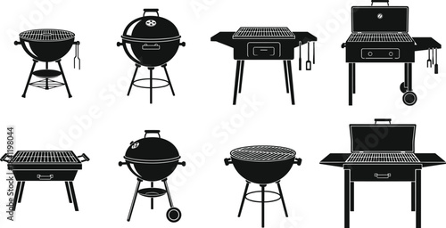 Set of eight barbecue grill silhouettes, outdoor cooking equipment icons, black BBQ designs, summer grilling graphic for stock illustration use