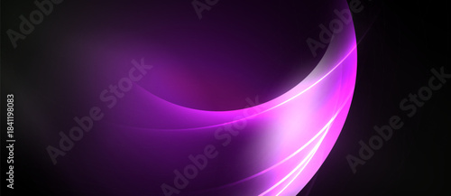 Abstract purple waves flow across black background. Smooth gradients create dynamic, modern visual effect. Light emphasizes curves.