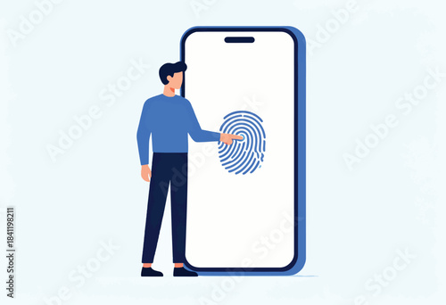A person in blue points to a fingerprint icon on a large smartphone screen, indicating biometric authentication