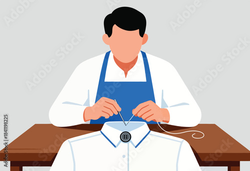 A tailor sews a button onto a white shirt. They wear a white coat and blue apron, using a needle and thread