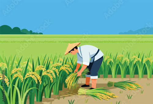 A farmer in straw hat harvests ripe crops in a field. Bundles of wheat and green stalks are piled