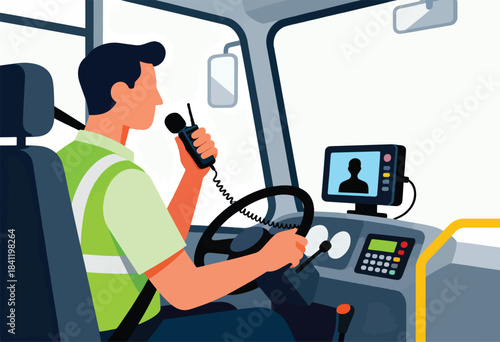An illustrated driver is seen holding a radio, at the wheel. A screen displays a silhouette. Interior view