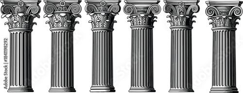 Set of six Corinthian column silhouettes, classical architecture elements, ornate capital designs, ancient Greek Roman style for stock illustration use