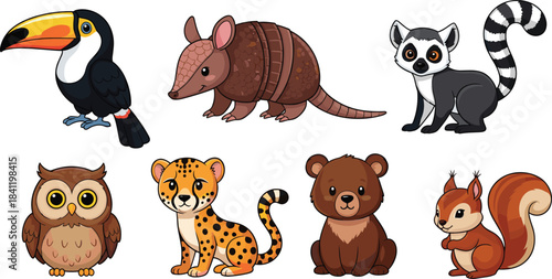 Cute cartoon vector illustration set featuring wild animals including toucan, armadillo, lemur, owl, cheetah, bear, and squirrel, perfect for children’s designs