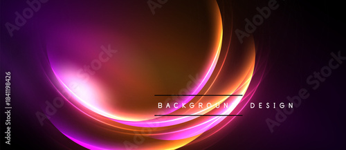 Abstract vibrant design features flowing curves, gradients. Pink, orange hues dominate dark background. Modern aesthetic.