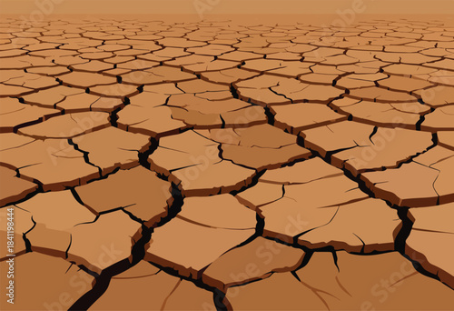 Illustration of a barren landscape with dry, cracked earth extending to the horizon in shades of brown