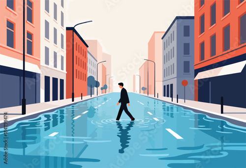 A person walks through a flooded street in a city, buildings flank the road. The reflection is in the water