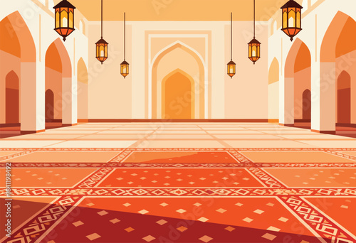 Interior illustration of a mosque, showcasing an empty prayer hall with arches, lamps and detailed carpets