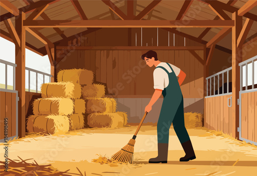 A farmer sweeps a barn floor with hay bales stacked near a stall. The wood beams cast shadows