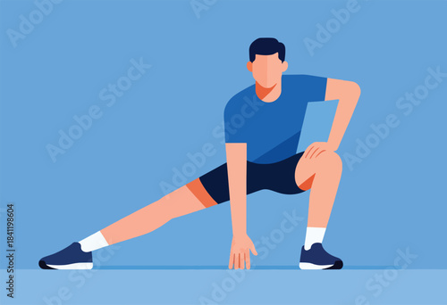 A flat illustration of a man stretching with one leg out and hand on ground against a blue backdrop