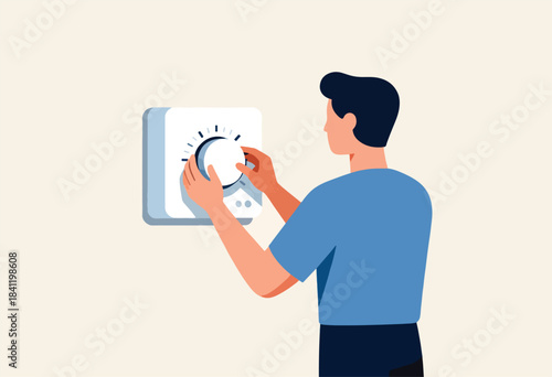 A simplified illustration shows a person turning a dial on a wall-mounted control panel