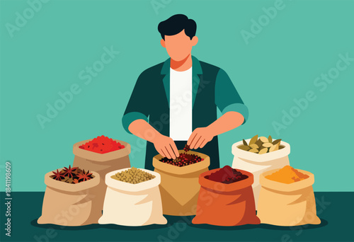 An illustrated person sifting spices from jute sacks, showcasing colorful varieties. A teal backdrop