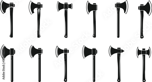 Set of twelve axe silhouettes, black weapon icons, historical blade designs, tool graphic collection for stock illustration and design use
