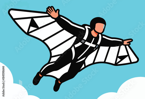 A wingsuit flyer, silhouetted against a turquoise sky, soars. Clouds accent the base of the image