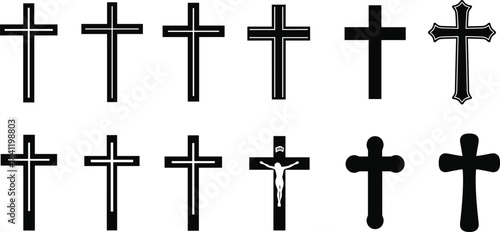 Set of twelve Christian cross icons, religious symbols collection, crucifix variations, spiritual graphic elements, faith design for stock use