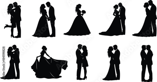 Silhouette couples in romantic poses, wedding and love theme, emotional embrace icons, relationship graphic set for stock illustration use