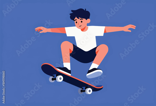 A smiling boy in a white tee and dark shorts performs a skateboarding trick against a blue background