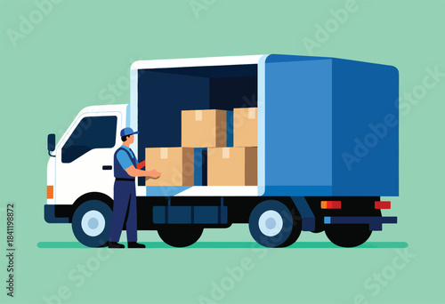 A delivery man loads boxes into a box truck, flat design