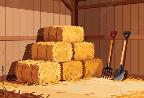 An illustration depicting a stack of hay bales inside a wooden barn, with pitchfork and shovel