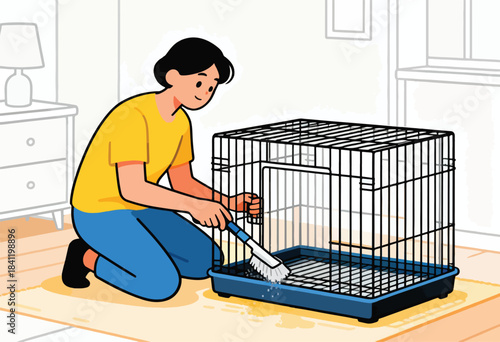 A person kneels, cleaning a pet cage with a brush; the setting is indoors, featuring a table, window, and rug