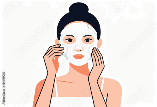 A flat illustration depicts a woman with dark hair in a bun wearing a white sheet mask. She holds cotton pads