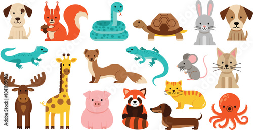 Cute colorful cartoon animal vector set featuring pets, wildlife, reptiles, and marine creatures, perfect for children’s designs, educational materials, and creative artwork