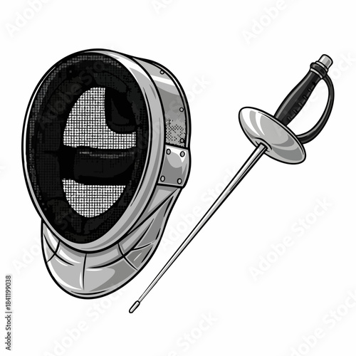 Fencing equipment, protective mask and foil, presented. Fencing equipment includes metallic headguard, mesh visor, and practice epee for sport. Fencing equipment concept for sports clubs,