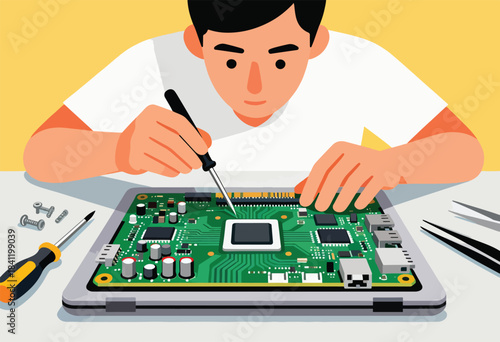 Illustration depicts a person soldering a circuit board. Various tools surround the board. The background is yellow