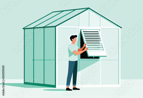 A person opens a greenhouse window. Simple illustration in shades of green