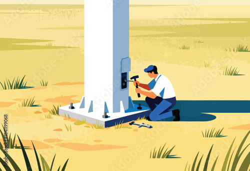 A worker is kneeling next to a pillar, using a hammer for construction or repair on a field