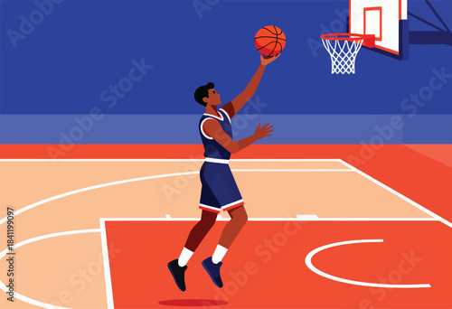 An illustration shows a basketball player in mid-air about to shoot the ball towards the hoop