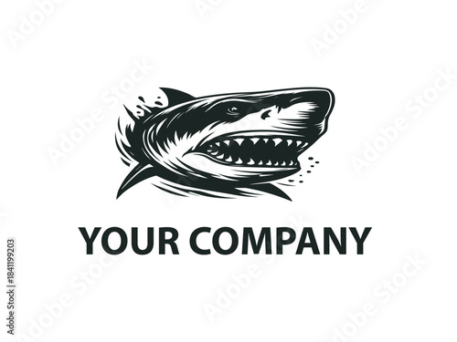 Shark silhouette presented as a bold black vector emblem design. Aquatic predator concept