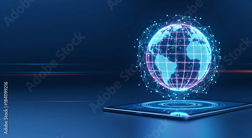 Futuristic glowing digital globe hologram emerging from a modern smartphone screen on a dark background